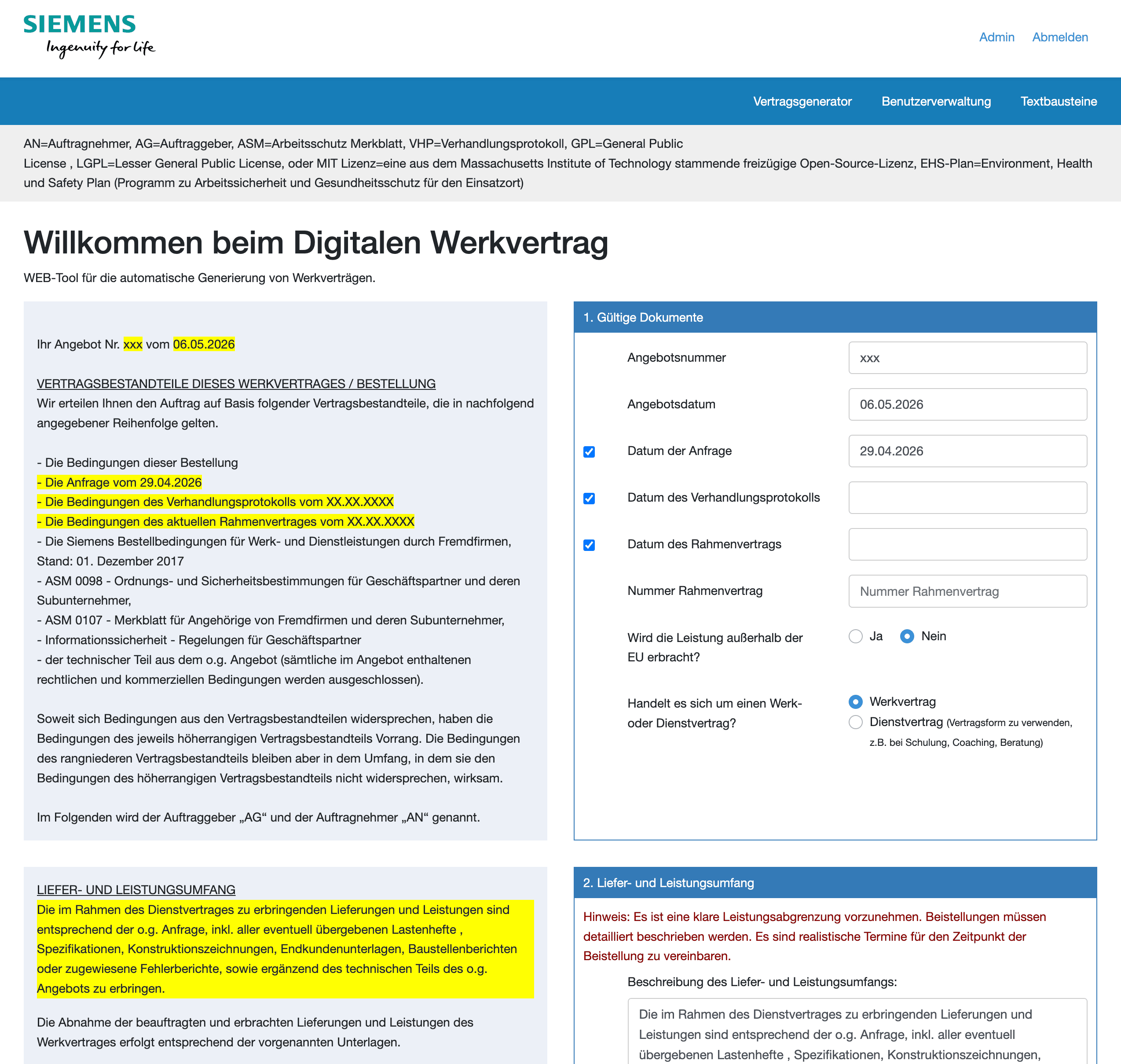 Startansicht des Vertragsgenerators mit geführtem Fragebogen und Live-Vorschau des Vertragstexts.